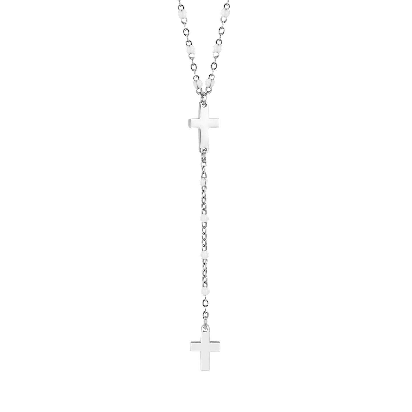 STEEL WOMEN'S ROSARY NECKLACE WITH CROSSES AND WHITE ELEMENTS