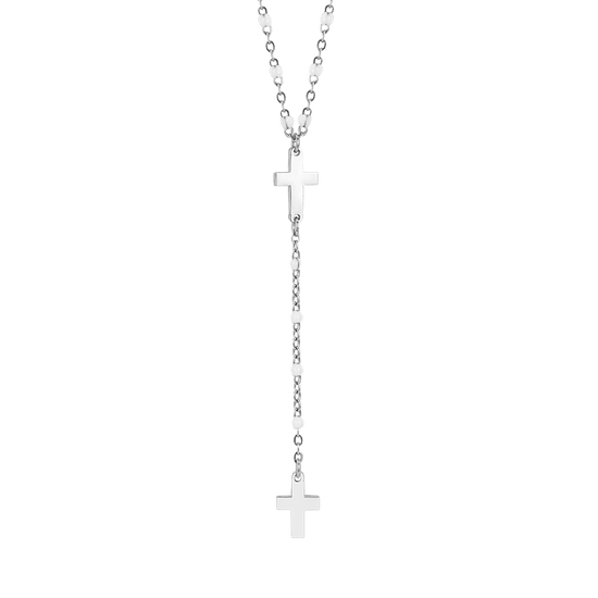 STEEL WOMEN'S ROSARY NECKLACE WITH CROSSES AND WHITE ELEMENTS