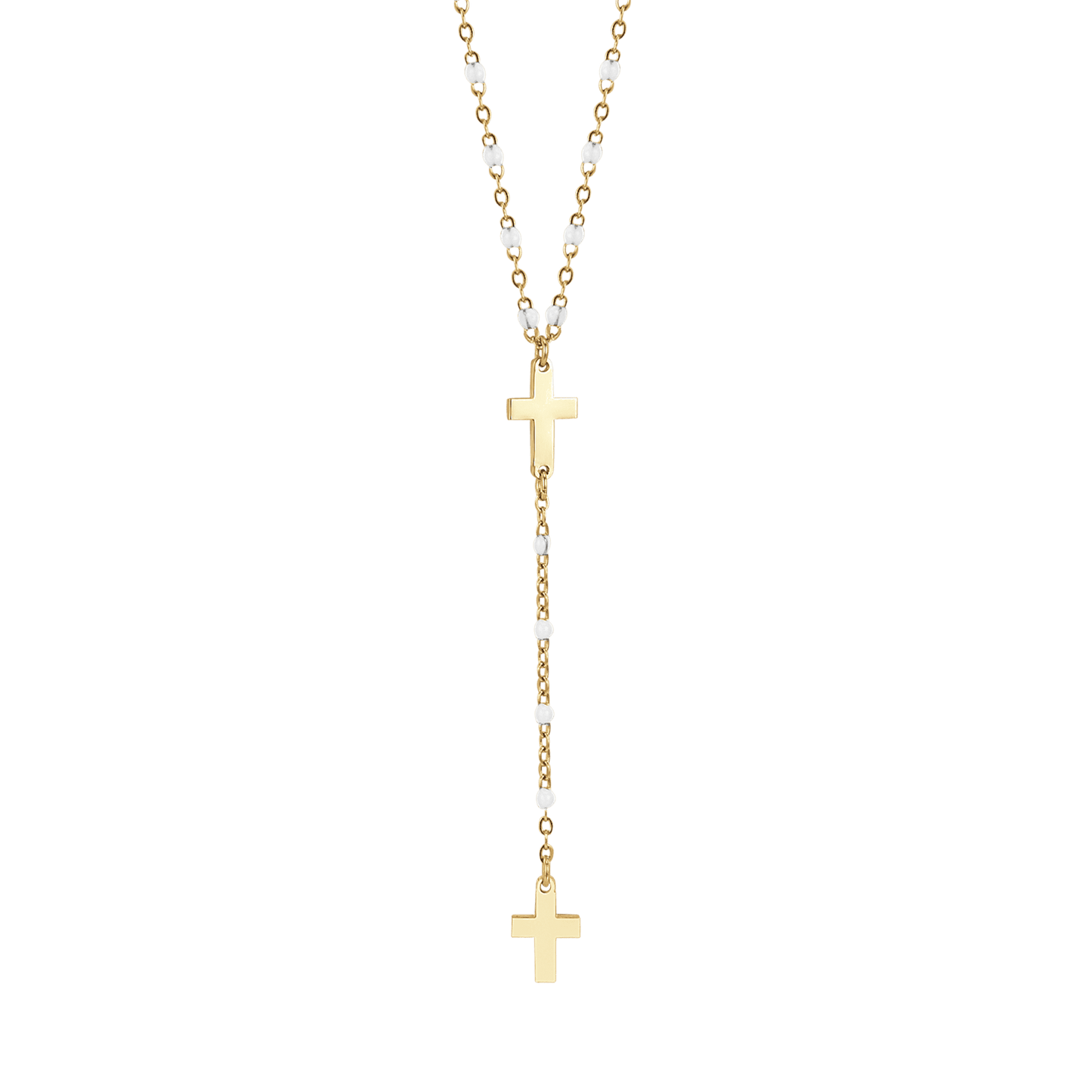 IP GOLD STEEL WOMEN'S ROSARY NECKLACE WITH CROSSES AND WHITE ELEMENTS