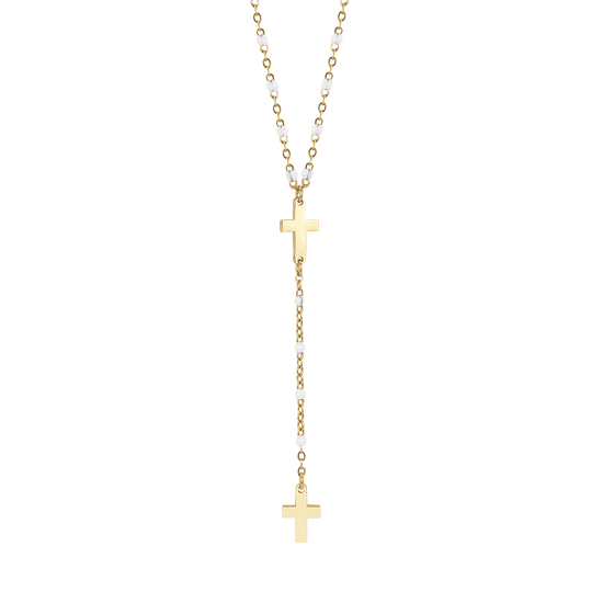 IP GOLD STEEL WOMEN'S ROSARY NECKLACE WITH CROSSES AND WHITE ELEMENTS