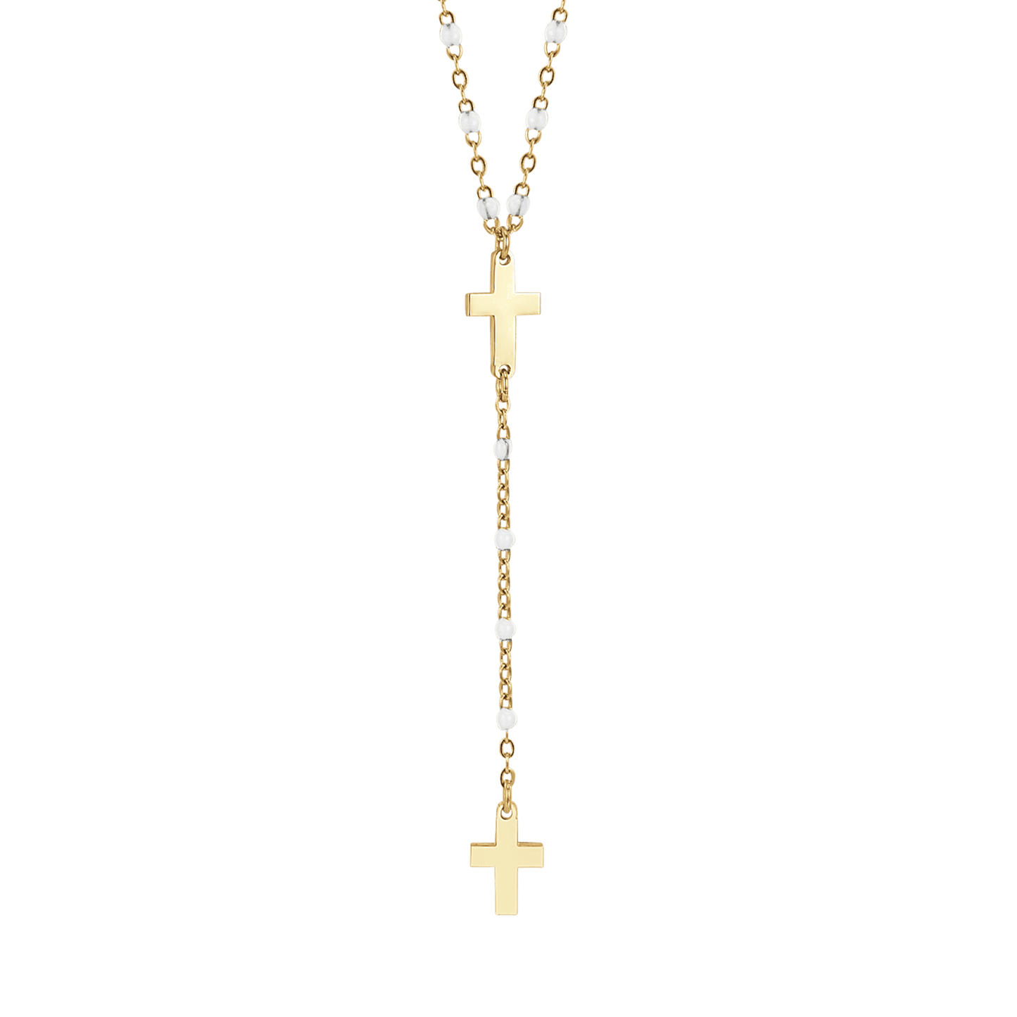 IP GOLD STEEL WOMEN'S ROSARY NECKLACE WITH CROSSES AND WHITE ELEMENTS