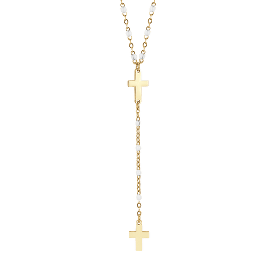 IP GOLD STEEL WOMEN'S ROSARY NECKLACE WITH CROSSES AND WHITE ELEMENTS