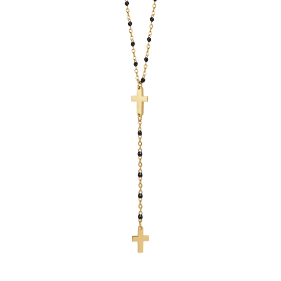 STEEL WOMEN'S ROSARY NECKLACE WITH CROSSES AND BLACK ELEMENTS