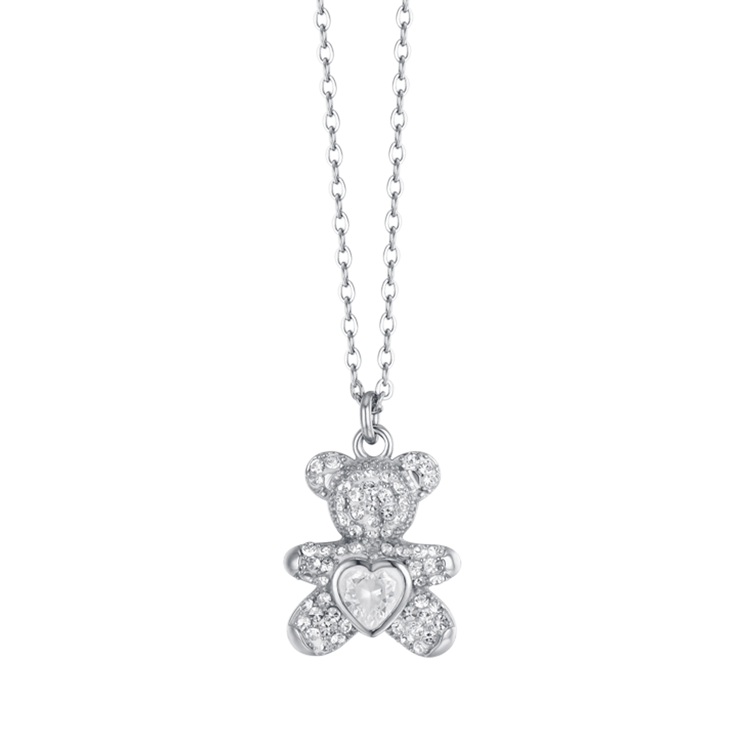 WOMEN'S STEEL NECKLACE WITH TEDDY BEAR AND WHITE CRYSTALS