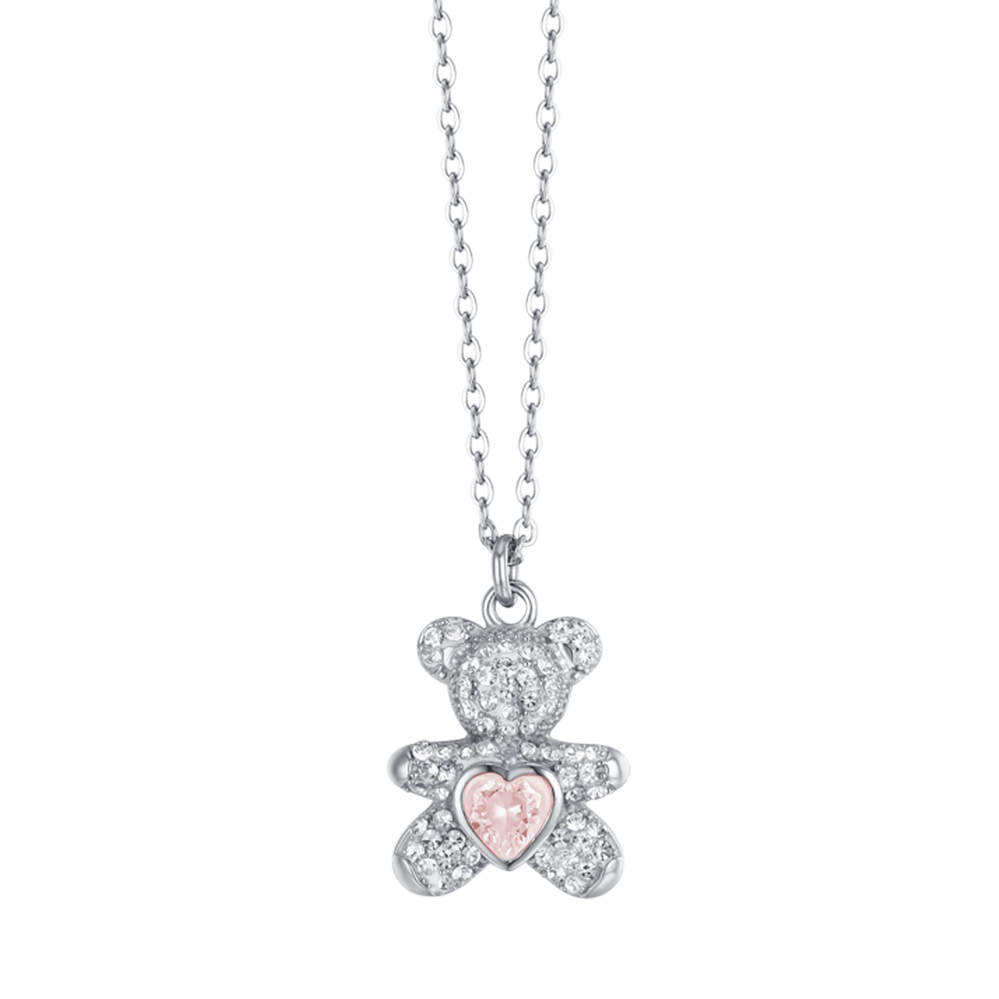 WOMEN'S STEEL TEDDY BEAR NECKLACE WITH PINK AND WHITE CRYSTALS