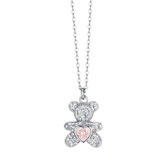 WOMEN'S STEEL TEDDY BEAR NECKLACE WITH PINK AND WHITE CRYSTALS