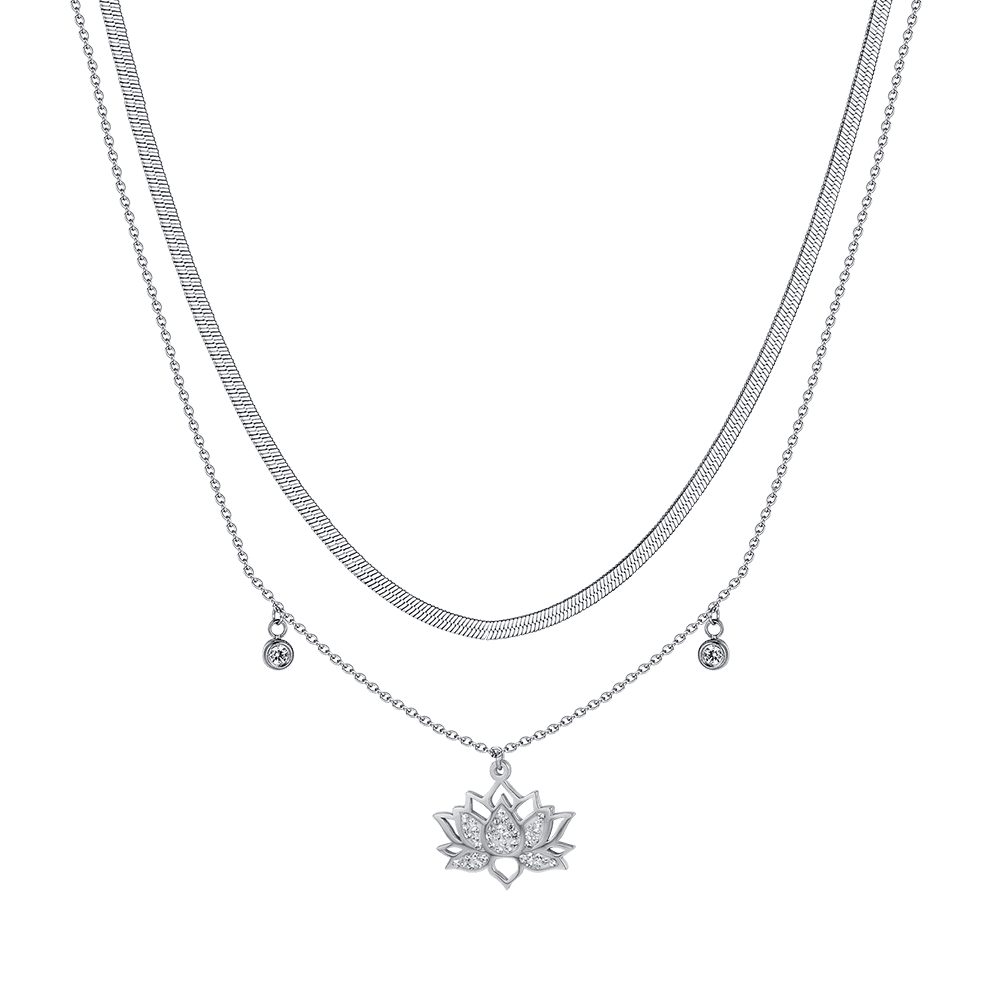 WOMEN'S STEEL LOTUS FLOWER NECKLACE WITH WHITE CRYSTALS