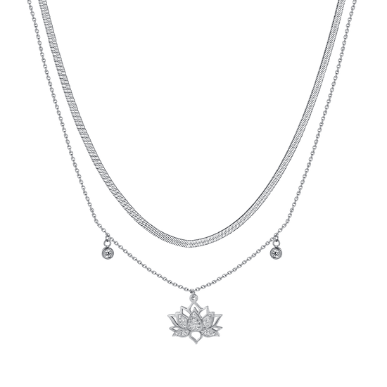 WOMEN'S STEEL LOTUS FLOWER NECKLACE WITH WHITE CRYSTALS