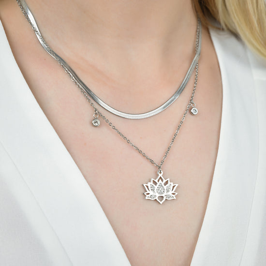 WOMEN'S STEEL LOTUS FLOWER NECKLACE WITH WHITE CRYSTALS