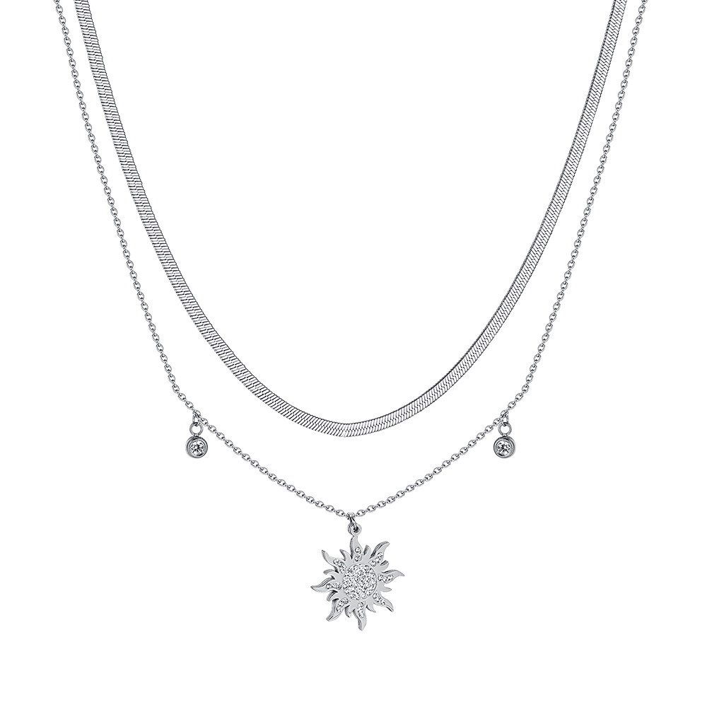 WOMEN'S STEEL SUN NECKLACE WITH WHITE CRYSTALS