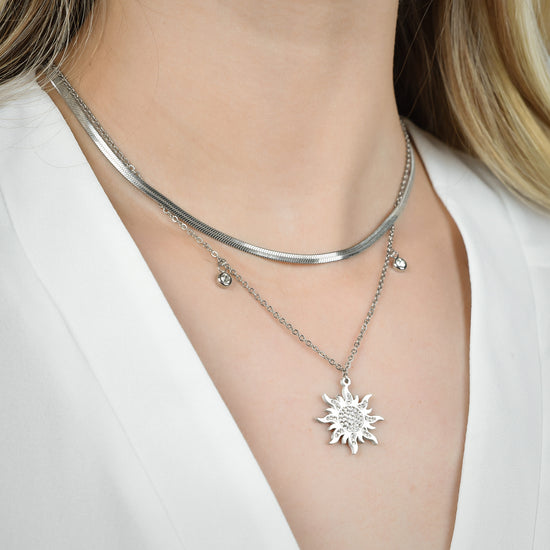 WOMEN'S STEEL SUN NECKLACE WITH WHITE CRYSTALS