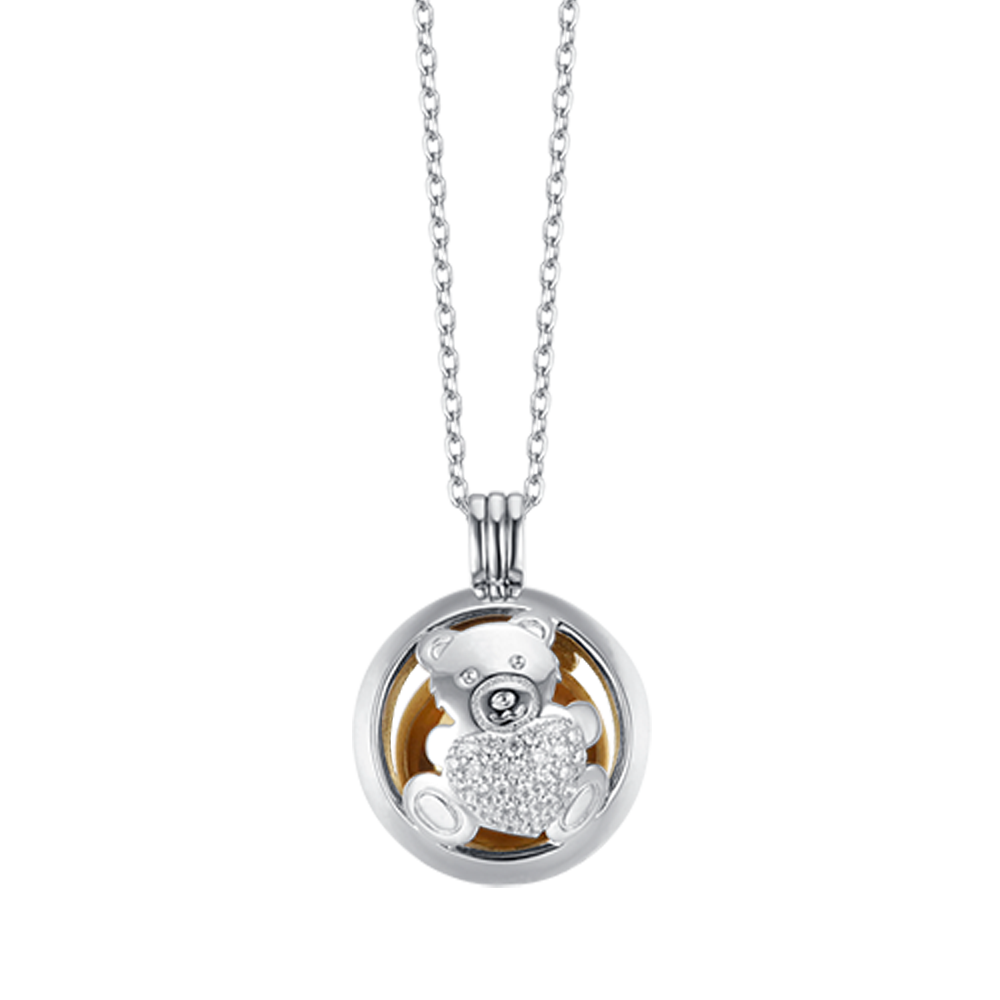 STEEL ANGEL CALL NECKLACE WITH TEDDY BEAR WITH WHITE CRYSTALS