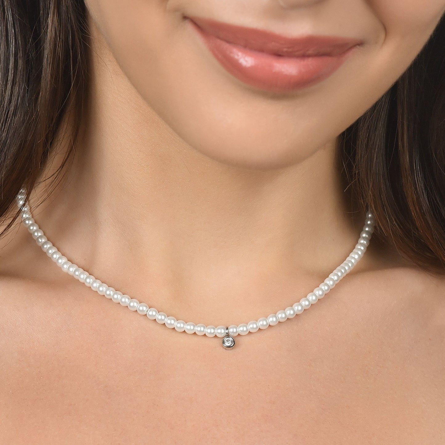 WOMEN'S STEEL NECKLACE WITH PEARLS WITH WHITE CRYSTAL