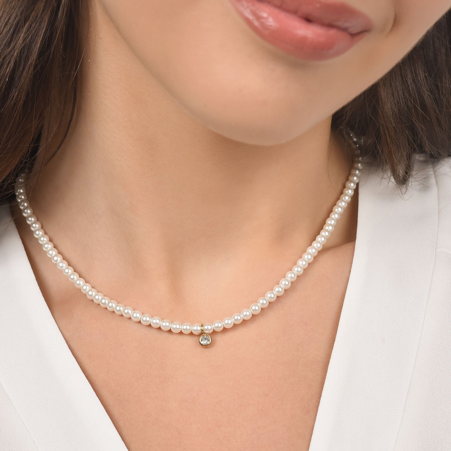 IP GOLD STEEL WOMEN'S NECKLACE WITH PEARLS WITH WHITE CRYSTAL