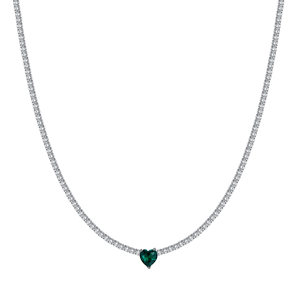 WOMEN'S STEEL TENNIS NECKLACE WITH WHITE CRYSTALS AND GREEN CRYSTAL HEART