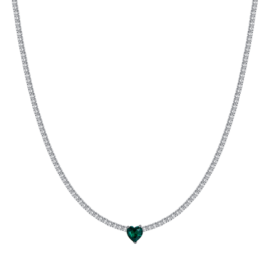 WOMEN'S STEEL TENNIS NECKLACE WITH WHITE CRYSTALS AND GREEN CRYSTAL HEART