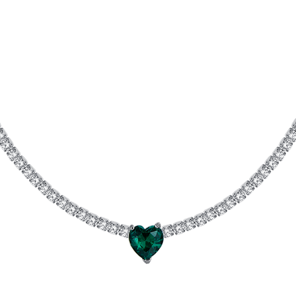 WOMEN'S STEEL TENNIS NECKLACE WITH WHITE CRYSTALS AND GREEN CRYSTAL HEART