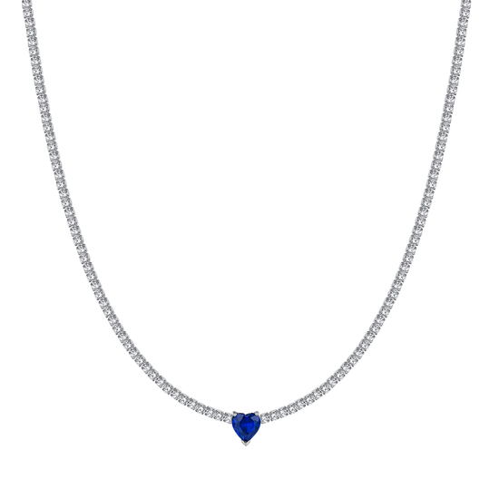 WOMEN'S STEEL TENNIS NECKLACE WITH WHITE CRYSTALS AND BLUE CRYSTAL HEART