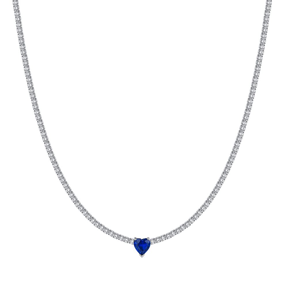 WOMEN'S STEEL TENNIS NECKLACE WITH WHITE CRYSTALS AND BLUE CRYSTAL HEART