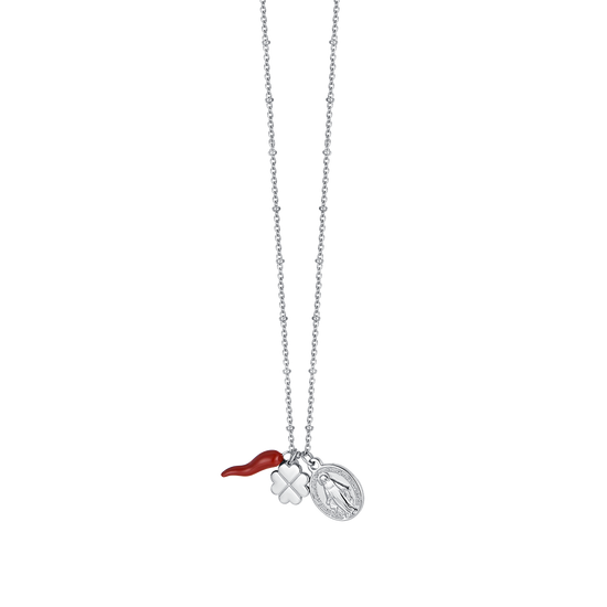 WOMEN'S STEEL NECKLACE WITH FOUR-LEAF CLOVER CHARM, HORN AND MADONNA