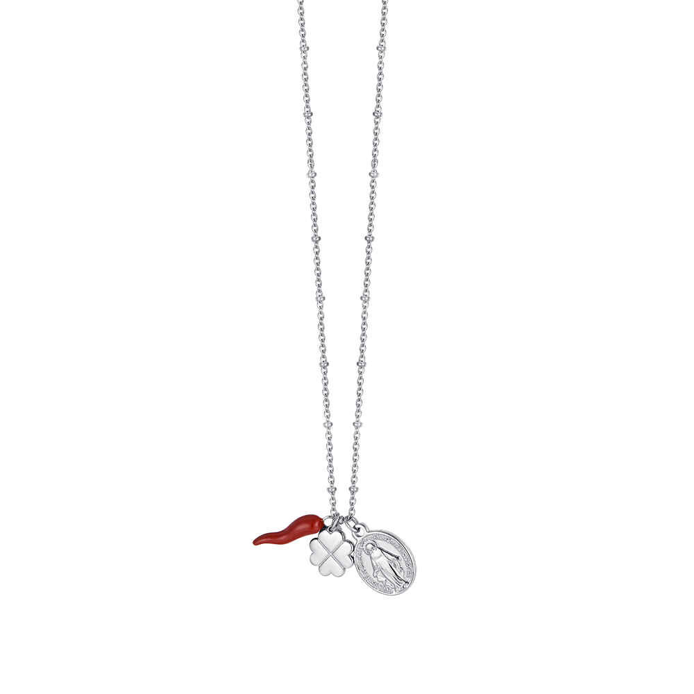 WOMEN'S STEEL NECKLACE WITH FOUR-LEAF CLOVER CHARM, HORN AND MADONNA