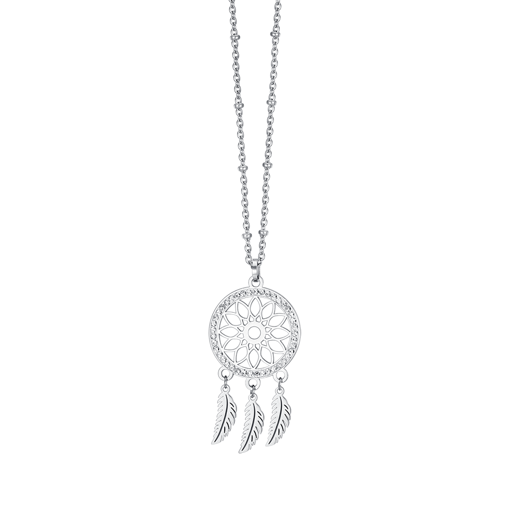 WOMEN'S STEEL DREAM CATCHER NECKLACE WITH WHITE CRYSTALS