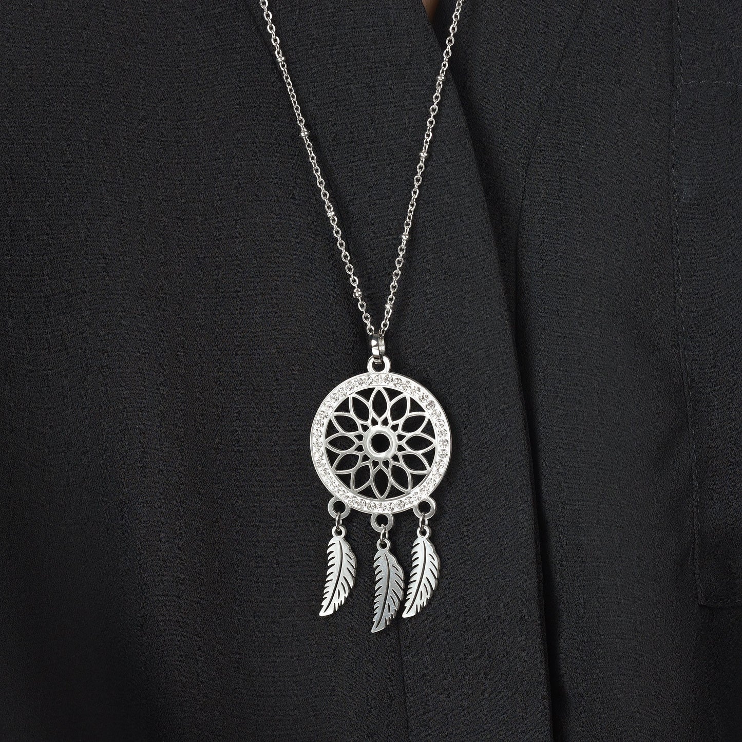 WOMEN'S STEEL DREAM CATCHER NECKLACE WITH WHITE CRYSTALS