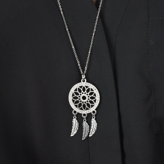 WOMEN'S STEEL DREAM CATCHER NECKLACE WITH WHITE CRYSTALS