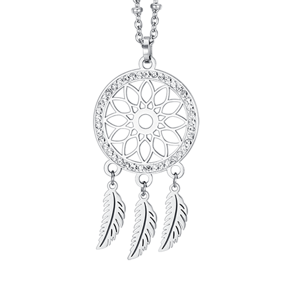 WOMEN'S STEEL DREAM CATCHER NECKLACE WITH WHITE CRYSTALS