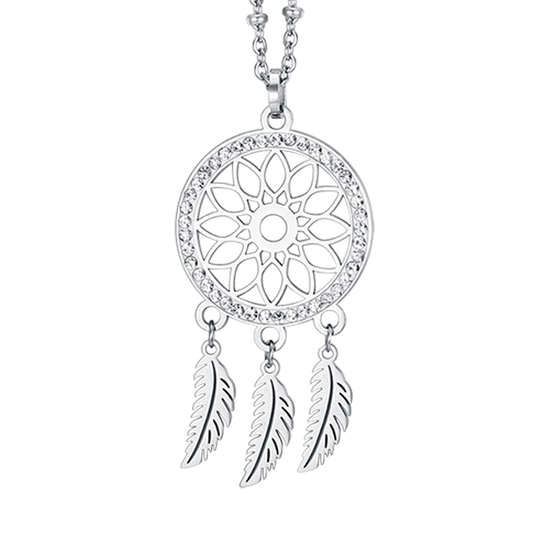 WOMEN'S STEEL DREAM CATCHER NECKLACE WITH WHITE CRYSTALS