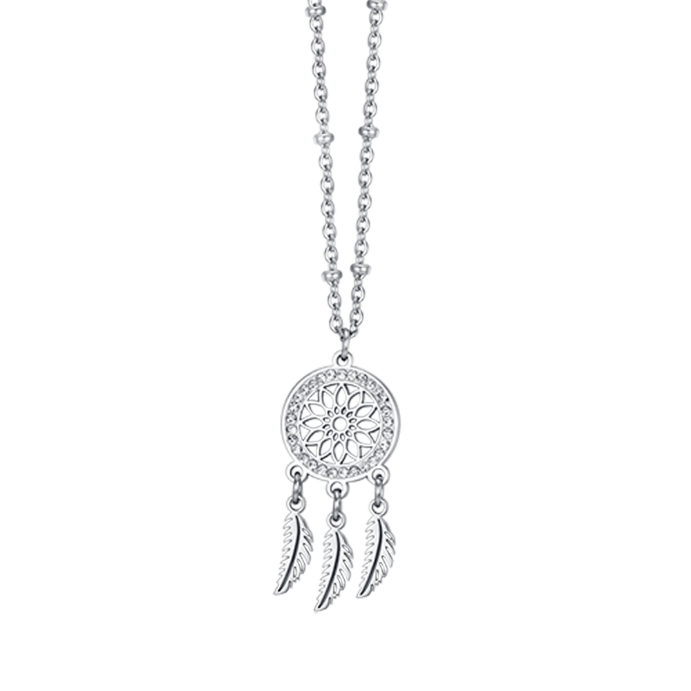 WOMEN'S STEEL DREAM CATCHER NECKLACE WITH WHITE CRYSTALS