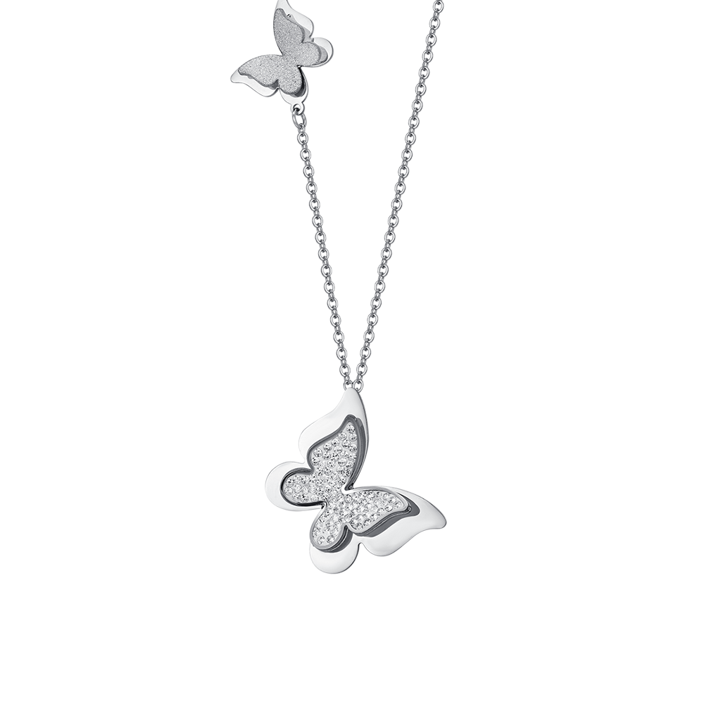 WOMEN'S STEEL BUTTERFLY NECKLACE WITH WHITE CRYSTALS