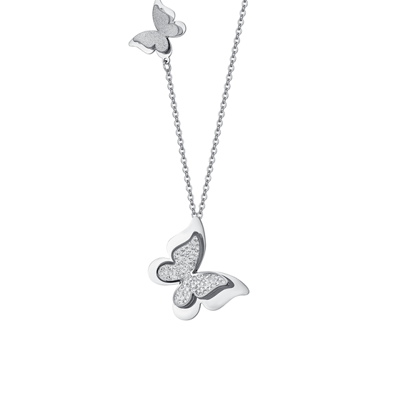 WOMEN'S STEEL BUTTERFLY NECKLACE WITH WHITE CRYSTALS