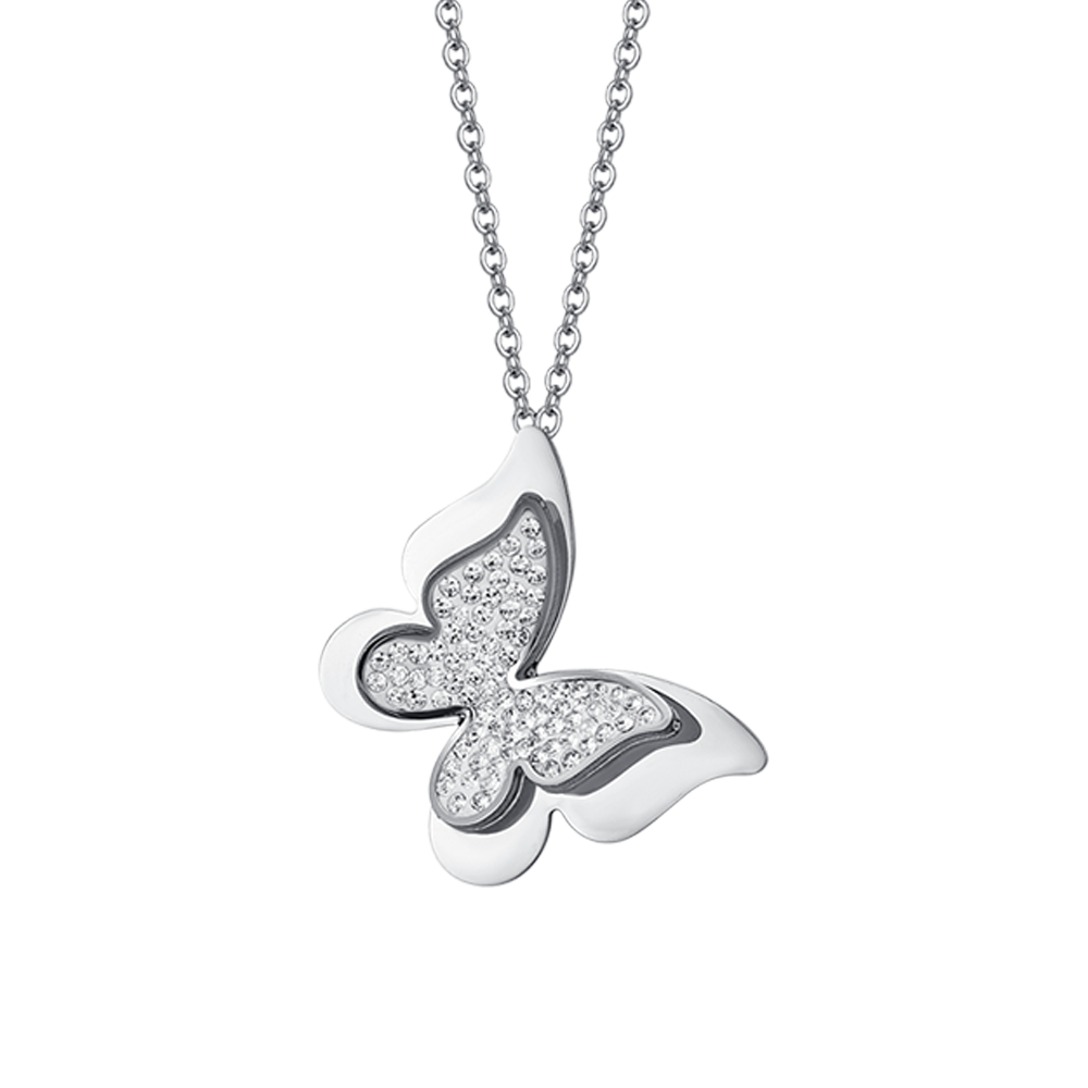 WOMEN'S STEEL BUTTERFLY NECKLACE WITH WHITE CRYSTALS