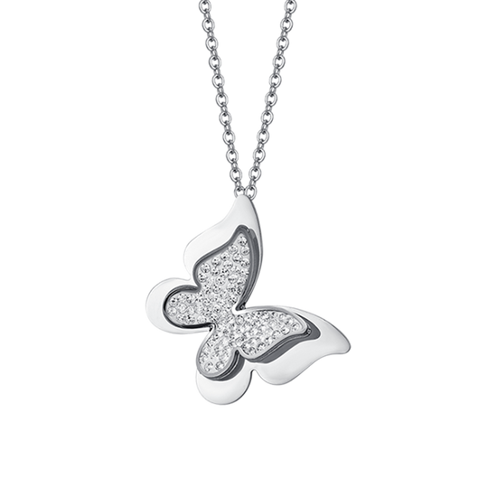 WOMEN'S STEEL BUTTERFLY NECKLACE WITH WHITE CRYSTALS