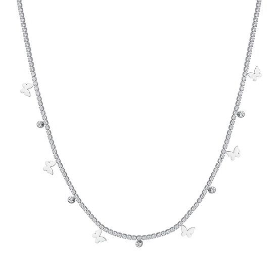 WOMEN'S STEEL TENNIS NECKLACE WITH WHITE CRYSTALS AND BUTTERFLIES