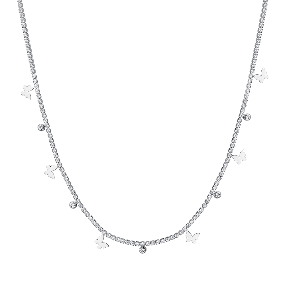 WOMEN'S STEEL TENNIS NECKLACE WITH WHITE CRYSTALS AND BUTTERFLIES