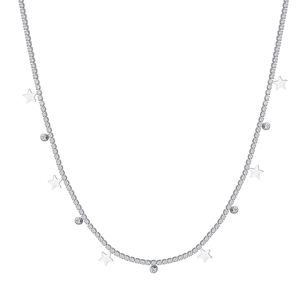 WOMEN'S STEEL TENNIS NECKLACE WITH WHITE CRYSTALS AND STARS