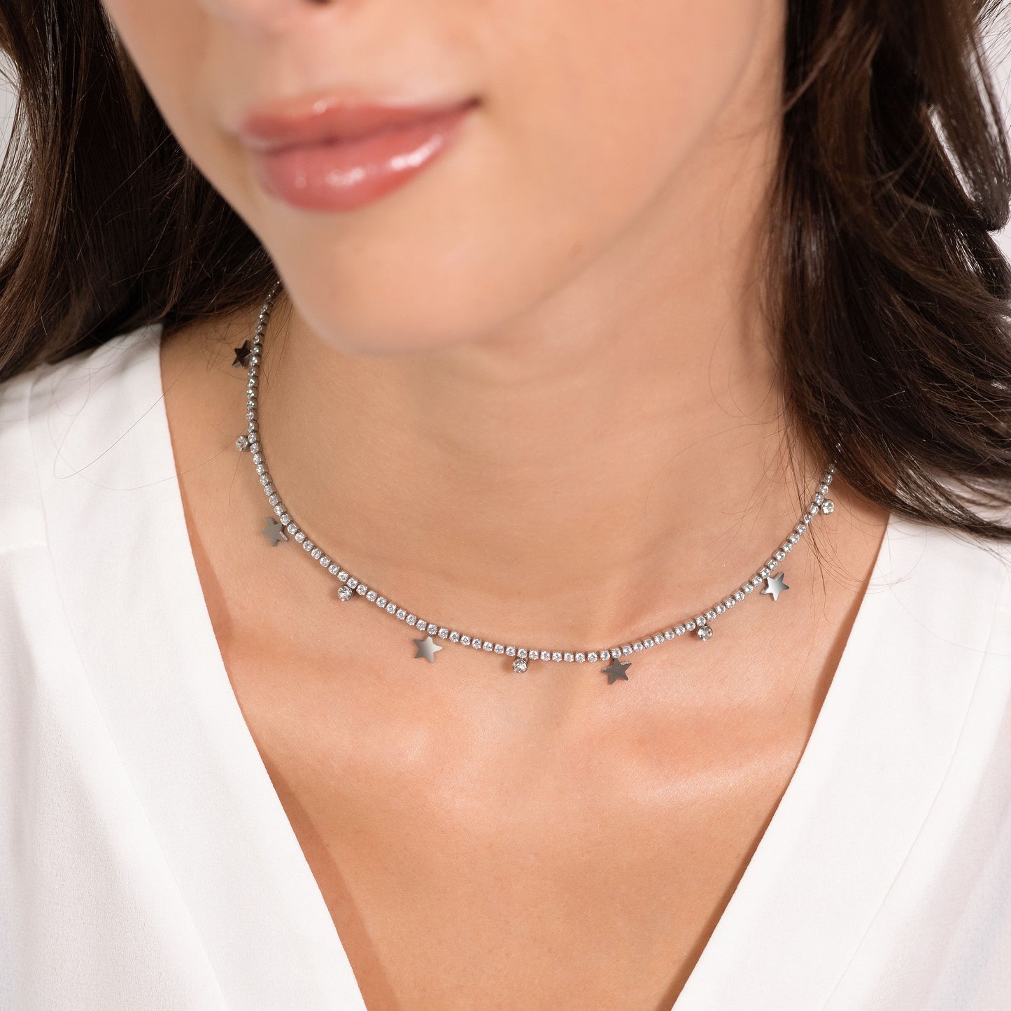 WOMEN'S STEEL TENNIS NECKLACE WITH WHITE CRYSTALS AND STARS