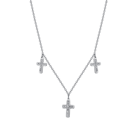 WOMEN'S STEEL CROSSES NECKLACE WITH WHITE CRYSTALS