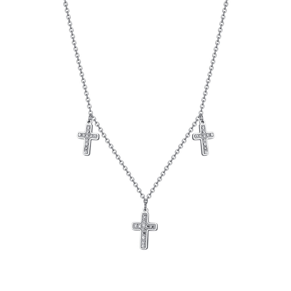 WOMEN'S STEEL CROSSES NECKLACE WITH WHITE CRYSTALS