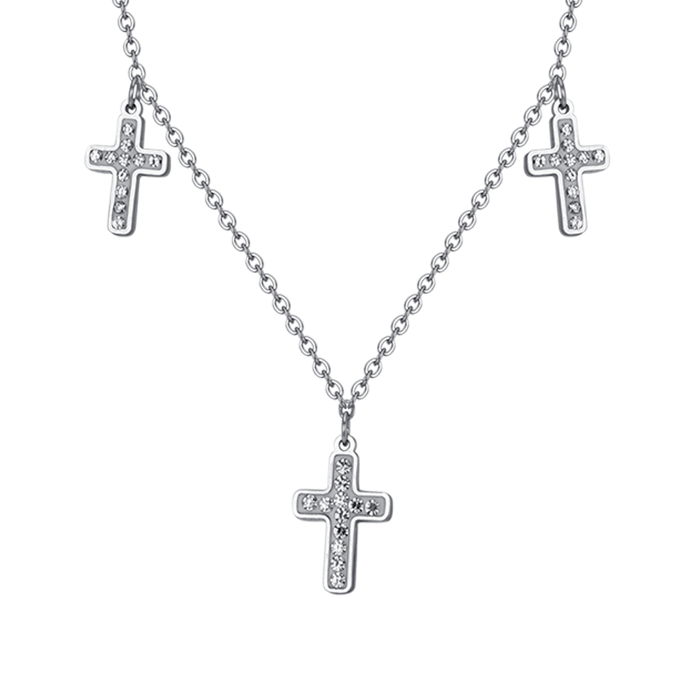 WOMEN'S STEEL CROSSES NECKLACE WITH WHITE CRYSTALS