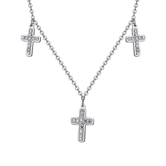 WOMEN'S STEEL CROSSES NECKLACE WITH WHITE CRYSTALS