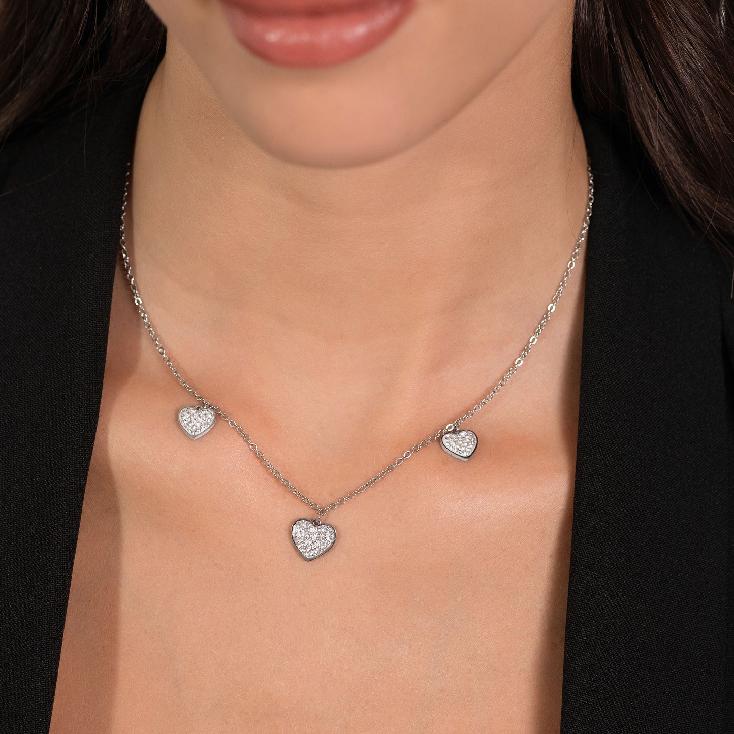 WOMEN'S STEEL HEARTS NECKLACE WITH WHITE CRYSTALS