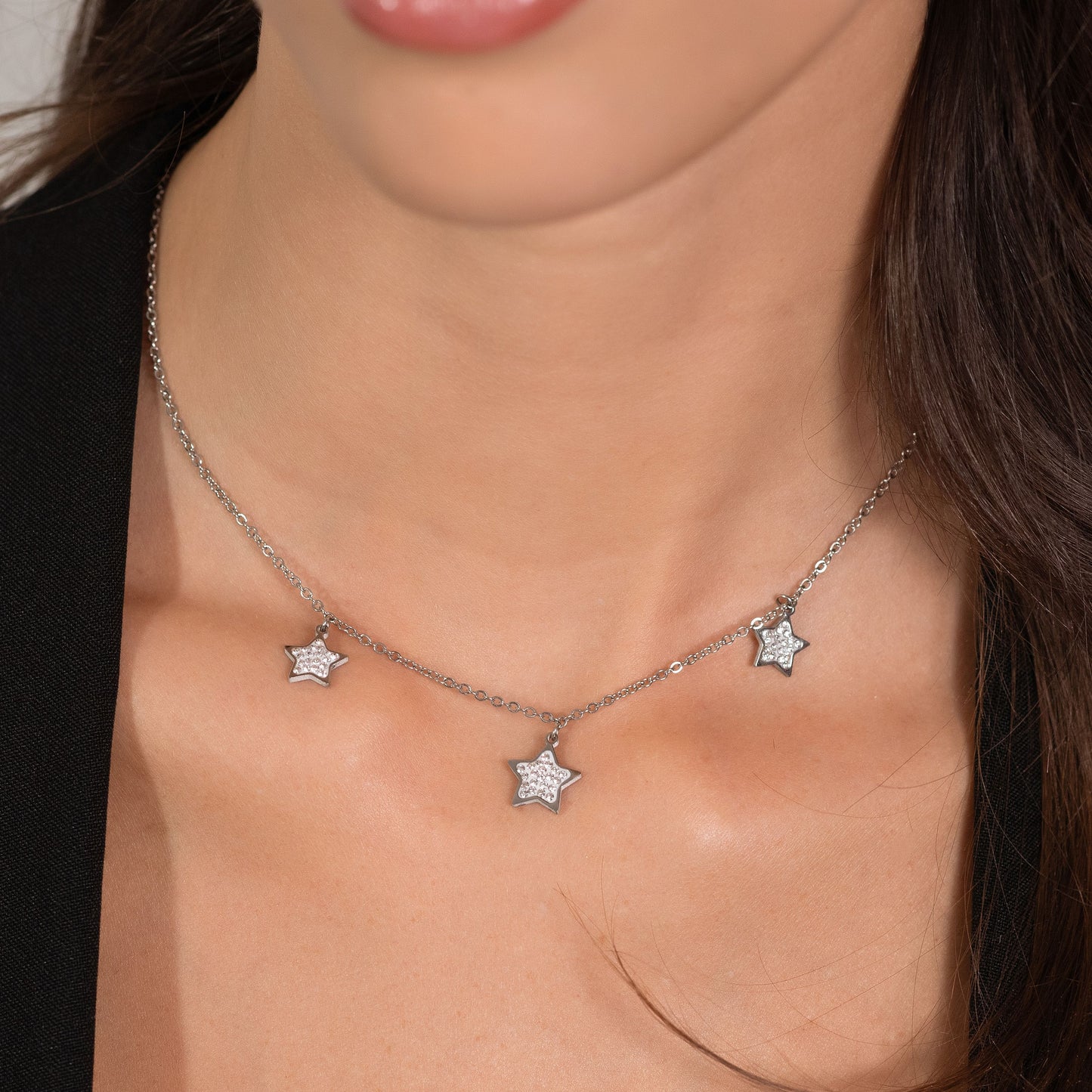 WOMEN'S STEEL STAR NECKLACE WITH WHITE CRYSTALS