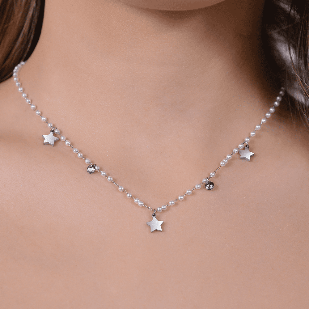 WOMEN'S STEEL PEARL NECKLACE WITH STARS