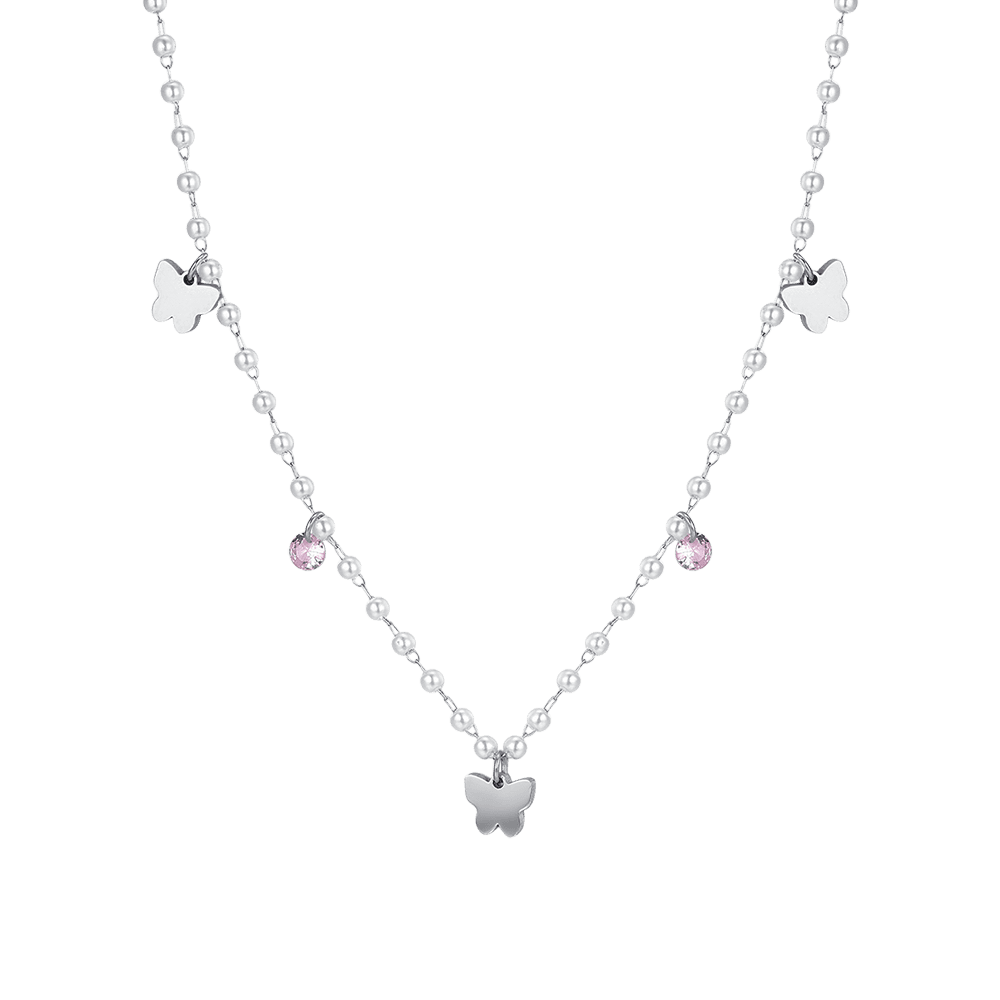 WOMEN'S STEEL PEARL NECKLACE WITH BUTTERFLIES