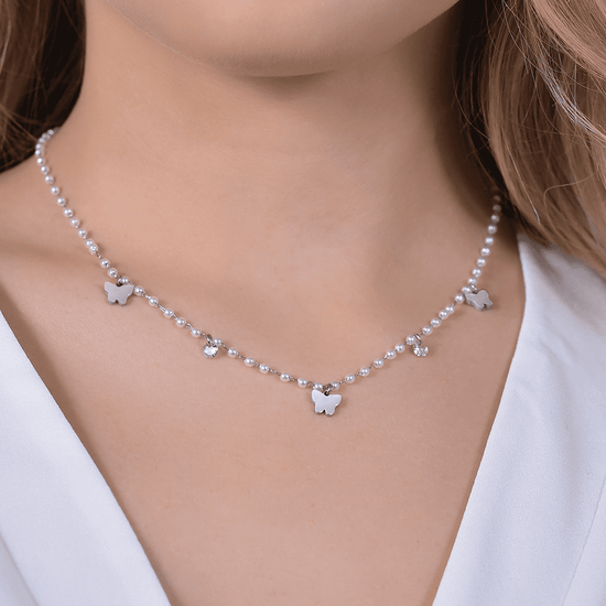 WOMEN'S STEEL PEARL NECKLACE WITH BUTTERFLIES