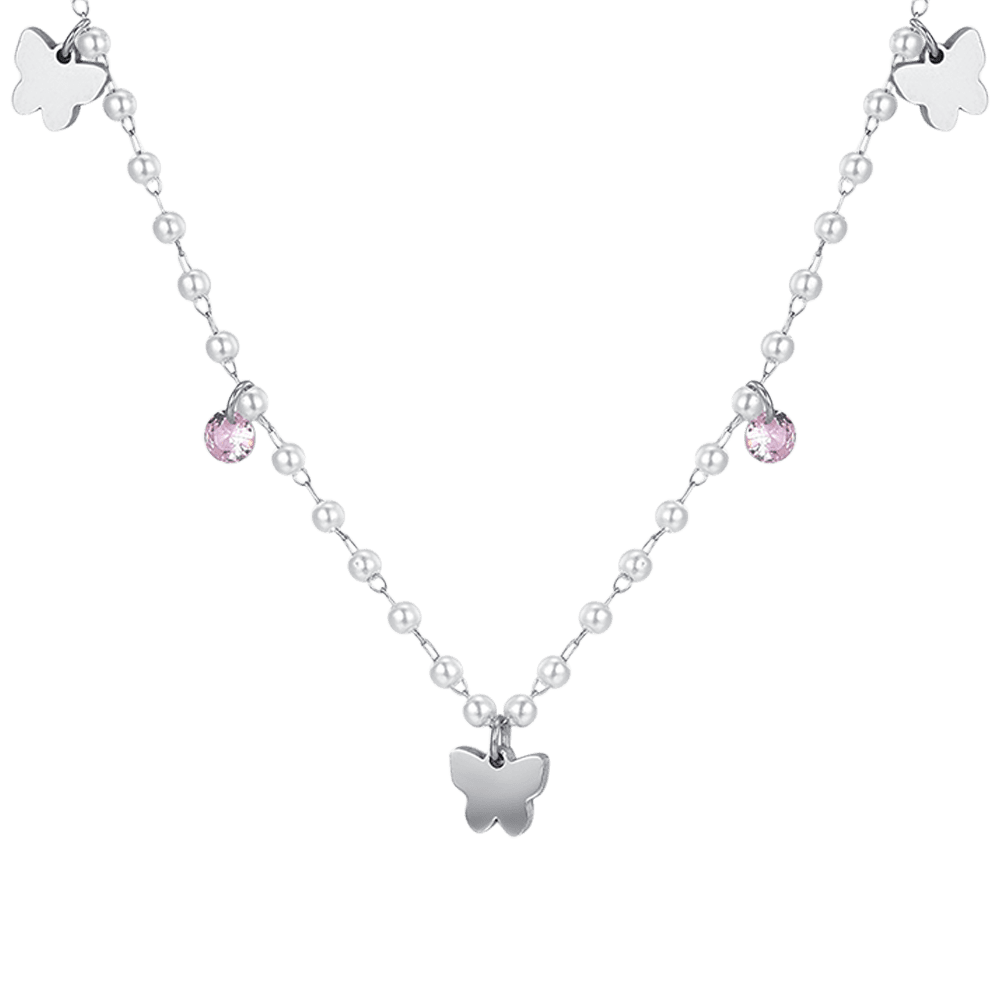 WOMEN'S STEEL PEARL NECKLACE WITH BUTTERFLIES