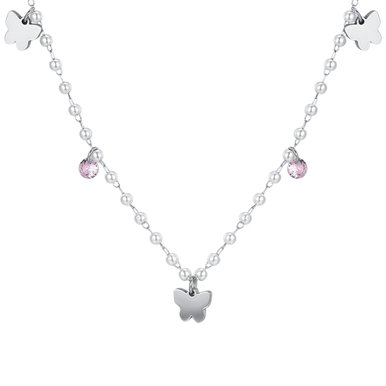 WOMEN'S STEEL PEARL NECKLACE WITH BUTTERFLIES